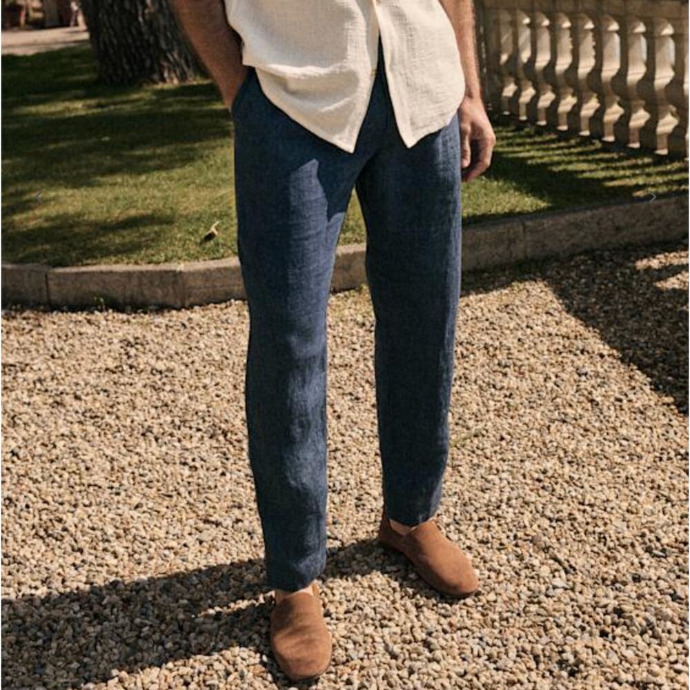 NWT Octobre Agnel Mottled Blue Chino Linen High Rise Trouser Pants, Size XL